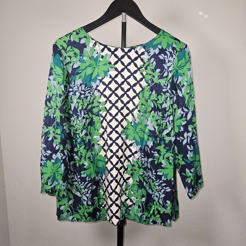 Boden Silk Blend Blouse Womens US 12 Green Blue Floral 3/4 Sleeve‎ Career Top